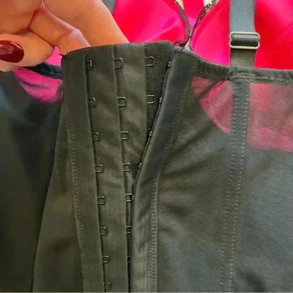Cacique Corset Top Black Satin Neon Pink with Front Ribbon 14/16 - Picture 8 of 9